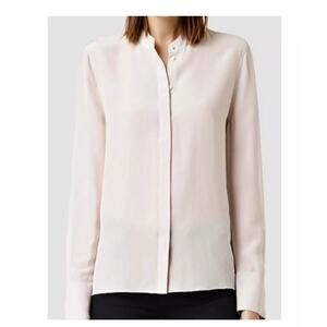 AllSaints Ando Silk Button Up Blouse Long Sleeve Gray Silver Minimalist Size 4